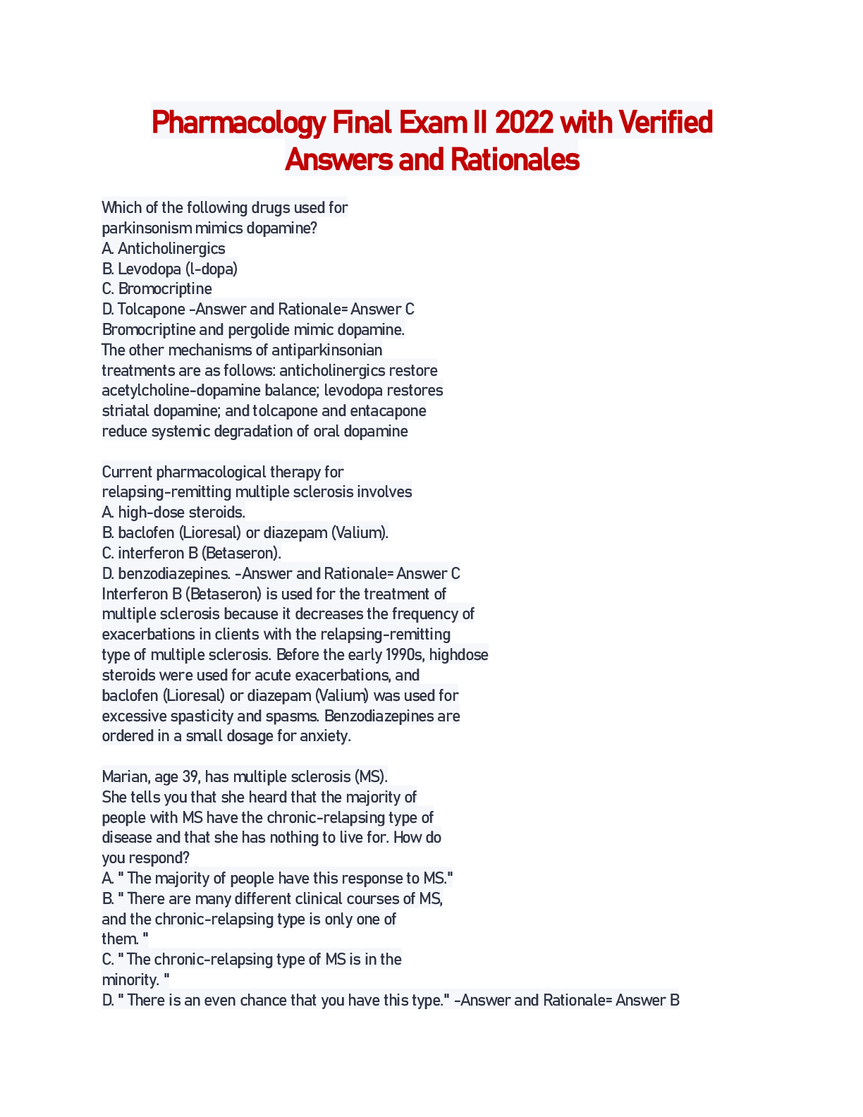 Preview of Pharmacology Final Exam II 2022 with Verified Answers and Rationales